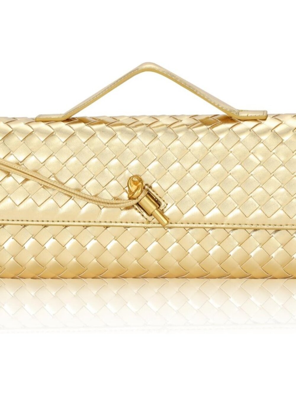 Women's Gold Pu Leather Clutch Twist Lock Stylish Evening Woven Purse Bag